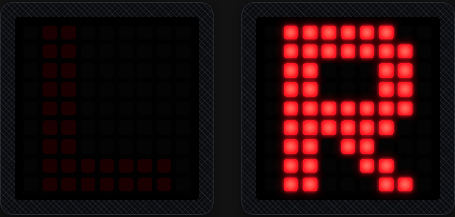 El radar: dos cajas LED, con la R encendida por un coche al lado derecho.
